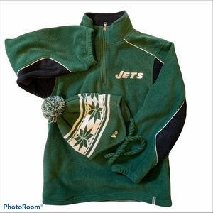 KIDS JETS REEBOK SWEATSHIRT TEAM APPAREL FLEECE QUARTER ZIP AND HAT SET